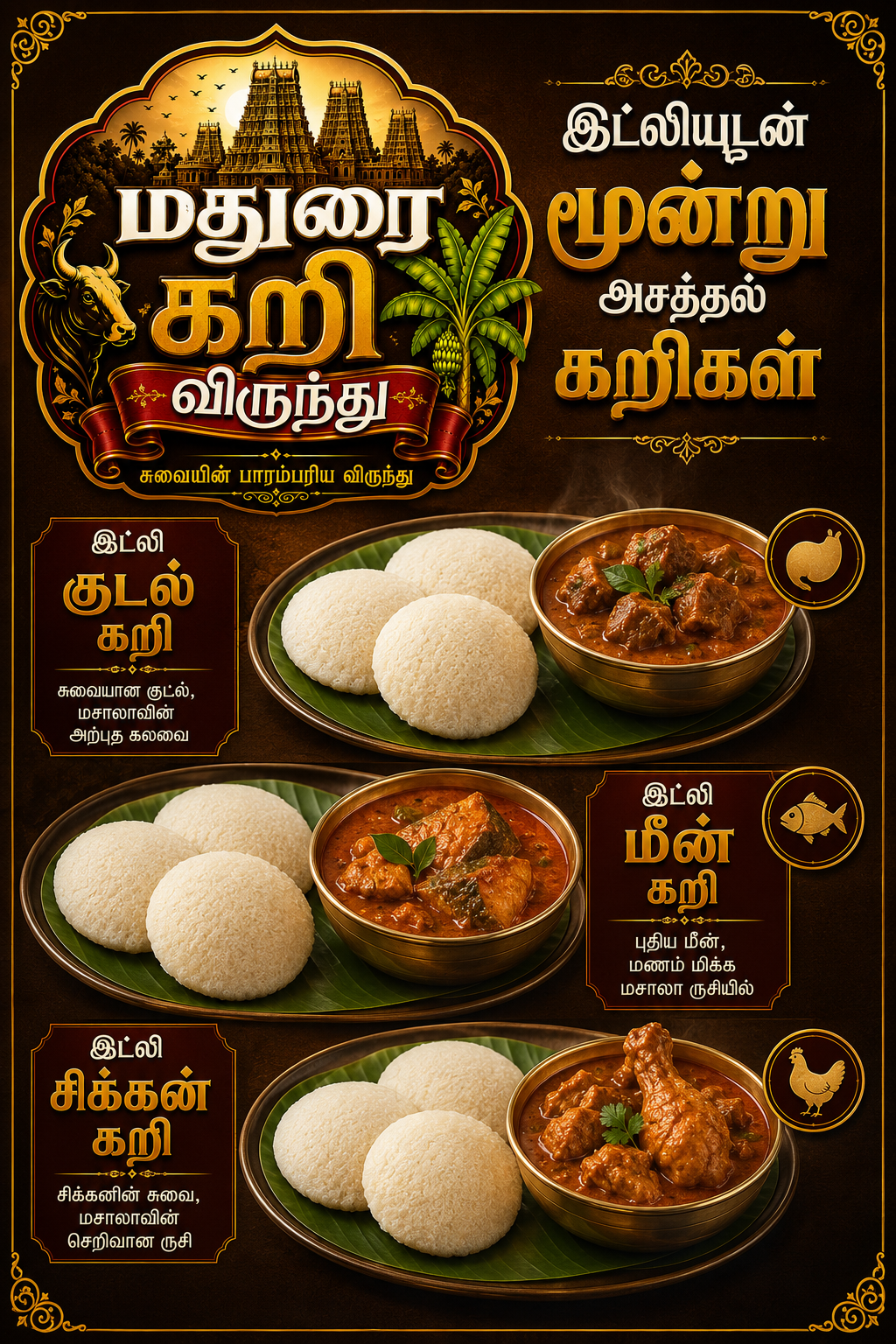 Idly with 3 Curries